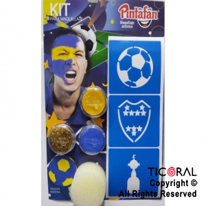 KIT PARA MAQUILLAJE MIX BOCA FUTBOL 2 COLORES+STRASS+PINCEL+STENCIL AUTOADHESIVO 650-07 x 1